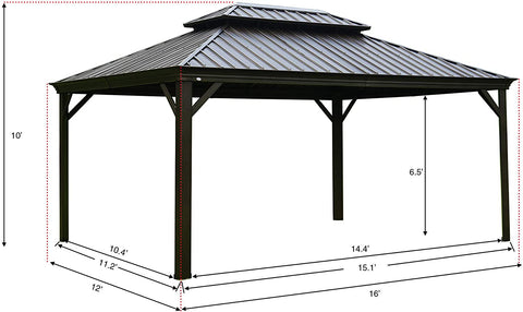 A technical illustration of a 12' x 16' outdoor gazebo with precise dimensions marked. The gazebo has a double - tiered metal roof and is supported by sturdy posts. The height of the structure is 10 feet, and the interior height from the ground to the lower roof section is 6.5 feet. Various base dimensions are indicated, showing the footprint of the gazebo. 12' x 16' Outdoor Gazebo: Dimensioned Technical Drawing. outdoor gazebo, 12x16 gazebo, gazebo dimensions, technical illustration, metal - roofed gazebo.
