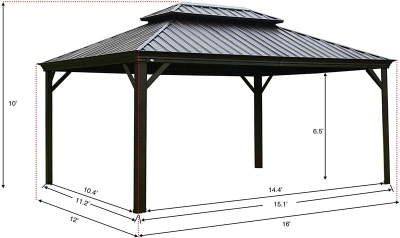 A technical illustration of a 12' x 16' outdoor gazebo with precise dimensions marked. The gazebo has a double - tiered metal roof and is supported by sturdy posts. The height of the structure is 10 feet, and the interior height from the ground to the lower roof section is 6.5 feet. Various base dimensions are indicated, showing the footprint of the gazebo. 12' x 16' Outdoor Gazebo: Dimensioned Technical Drawing. outdoor gazebo, 12x16 gazebo, gazebo dimensions, technical illustration, metal - roofed gazebo.