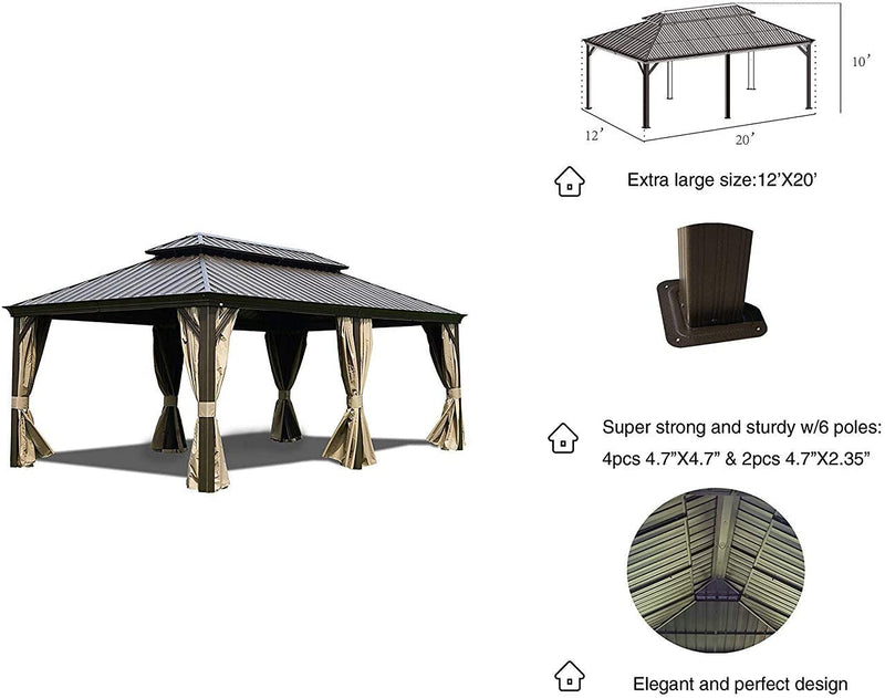 Kozyard Alexander 12' X 20' Hardtop Gazebo, Aluminum Metal Gazebo with Galvanized Steel Double Roof Canopy, Curtain and Netting, Permanent Gazebo Pavilion for Patio, Backyard, Deck, Lawn (Brown)