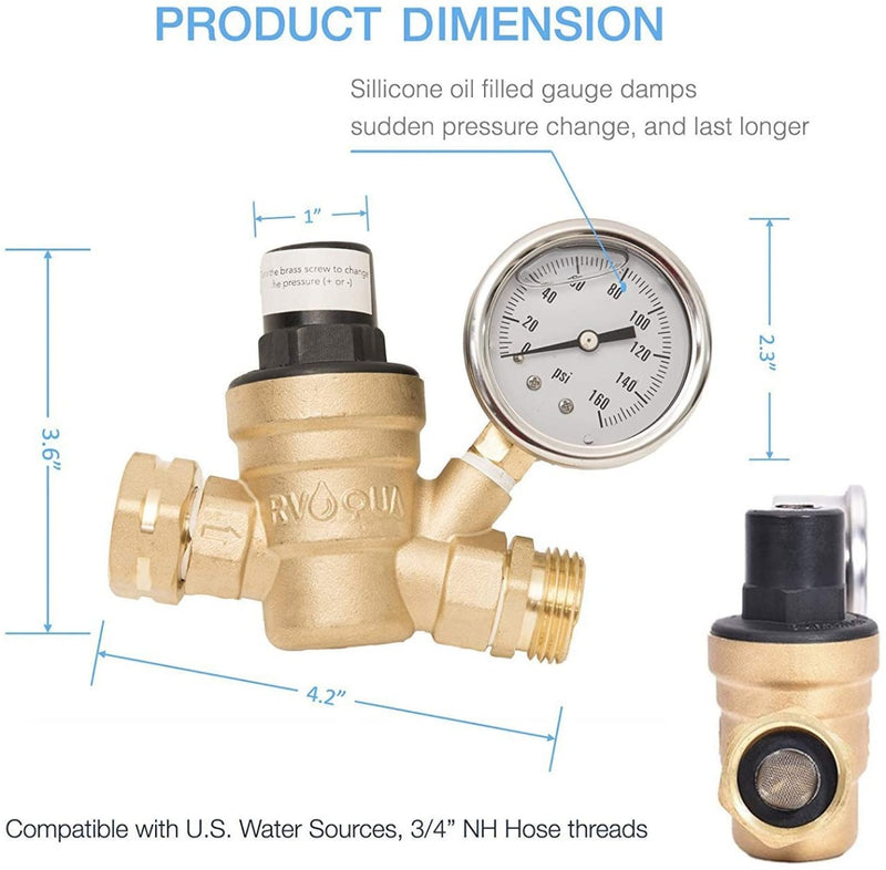 RVQUA Water Pressure Regulator Product Dimensions and Features
An RVQUA water pressure regulator with measurements and features like silicone oil - filled gauge and 3/4" NH hose thread compatibility. Keywords: RVQUA regulator, product dimensions, silicone oil gauge