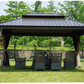An outdoor hardtop gazebo with a dark - toned metal roof is set on a grassy lawn. The gazebo features earth - toned curtains that can be tied back, and underneath it, there is a wicker patio set with a table and chairs. Additionally, there are black lanterns placed on the grass nearby, enhancing the cozy outdoor ambiance.Cozy Outdoor Gazebo with Wicker Patio Set and Lanterns. outdoor gazebo, hardtop gazebo, wicker patio set, earth - toned curtains, black lanterns