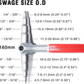 Title: HVAC Flaring Tool Swage Size Chart
Alt Text: HVAC flaring tool with swage size chart (1/4" to 7/8", 4.5-22.3mm) for pipe flaring in refrigerant systems.
Keywords: HVAC flaring tool, swage size chart, pipe flaring, refrigerant systems, 1/4" to 7/8"