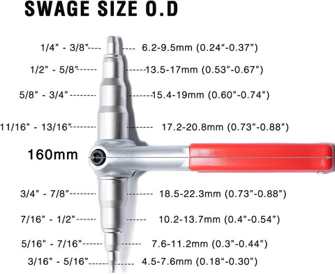 Title: HVAC Flaring Tool Swage Size Chart
Alt Text: HVAC flaring tool with swage size chart (1/4" to 7/8", 4.5-22.3mm) for pipe flaring in refrigerant systems.
Keywords: HVAC flaring tool, swage size chart, pipe flaring, refrigerant systems, 1/4" to 7/8"