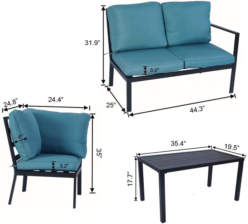 This image showcases an outdoor sofa set with blue cushions, including a two-seater sofa, a single-seater chair, and a black coffee table. Dimensions are provided for each piece, indicating the size details of the furniture, which helps in understanding the spatial requirements for placement.
Outdoor Sofa Set with Dimensions – Blue Cushions.
outdoor sofa set, blue cushions, patio furniture, two-seater sofa, single chair, coffee table dimensions