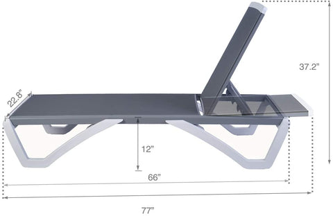 A technical diagram of a modern outdoor lounge bed with key dimensions labeled. The lounge bed features a gray fabric surface and a light - gray frame. Dimensions such as 22.8", 12", 66", 77", and 37.2" are marked, indicating various parts of the structure.Outdoor Lounge Bed: Dimension Diagram. outdoor lounge bed, lounge bed dimensions, adjustable backrest, modern design.