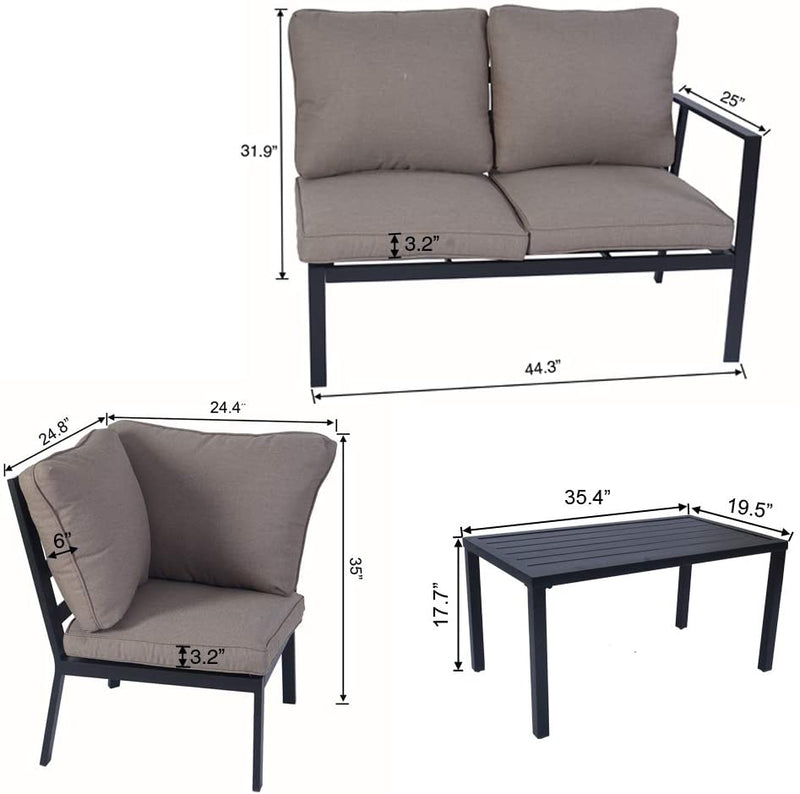 This image showcases an outdoor sofa set with beige cushions, including a two - seater sofa, a single - seater chair, and a black coffee table. Dimensions are provided for each piece, indicating the size details of the furniture, which helps in understanding the spatial requirements for placement.Outdoor Sofa Set with Dimensions - Beige Cushions. outdoor sofa set, beige cushions, patio furniture, two - seater sofa, single - chair, coffee table dimensions