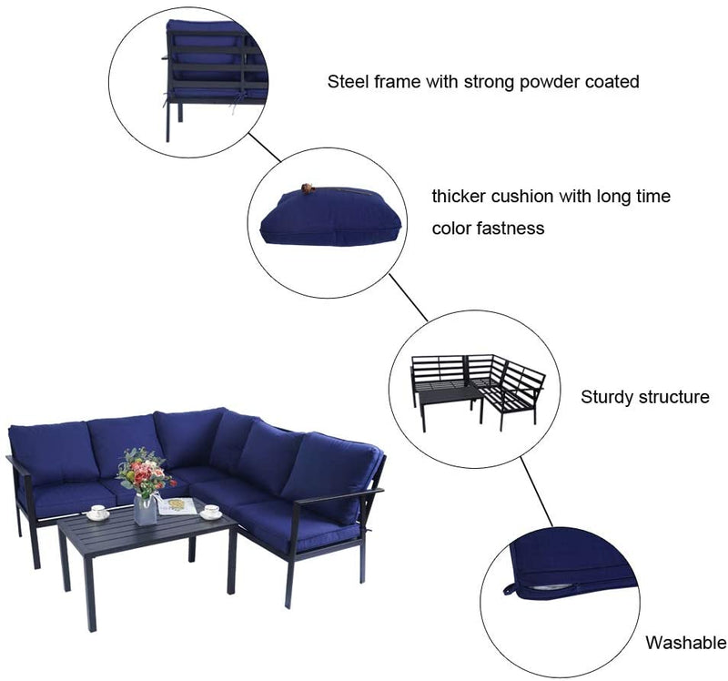 An outdoor sectional sofa set with navy blue cushions paired with a black coffee table. Insets highlight key features: a steel frame with strong powder coating, thicker cushions with long-lasting color fastness, a sturdy structure, and washable cushion covers. A vase with flowers, cups, and saucers adorn the table, suggesting a cozy outdoor lounging experience.
Durable and Comfortable Outdoor Sofa Set with Key Features.
outdoor sofa set, steel-framed furniture, thick navy blue cushions, color-fast cushions,