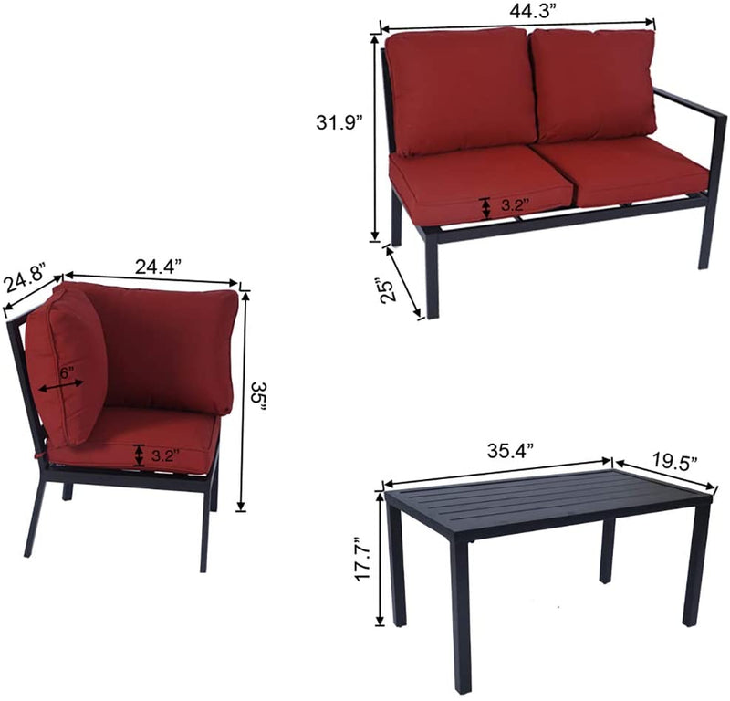 This image showcases an outdoor sofa set with red cushions, including a two-seater sofa, a single-seater chair, and a black coffee table. Dimensions are provided for each piece, indicating the size details of the furniture, which helps in understanding the spatial requirements for placement.
Outdoor Sofa Set with Dimensions – Red Cushions.
outdoor sofa set, red cushions, patio furniture, two-seater sofa, single chair, coffee table dimensions