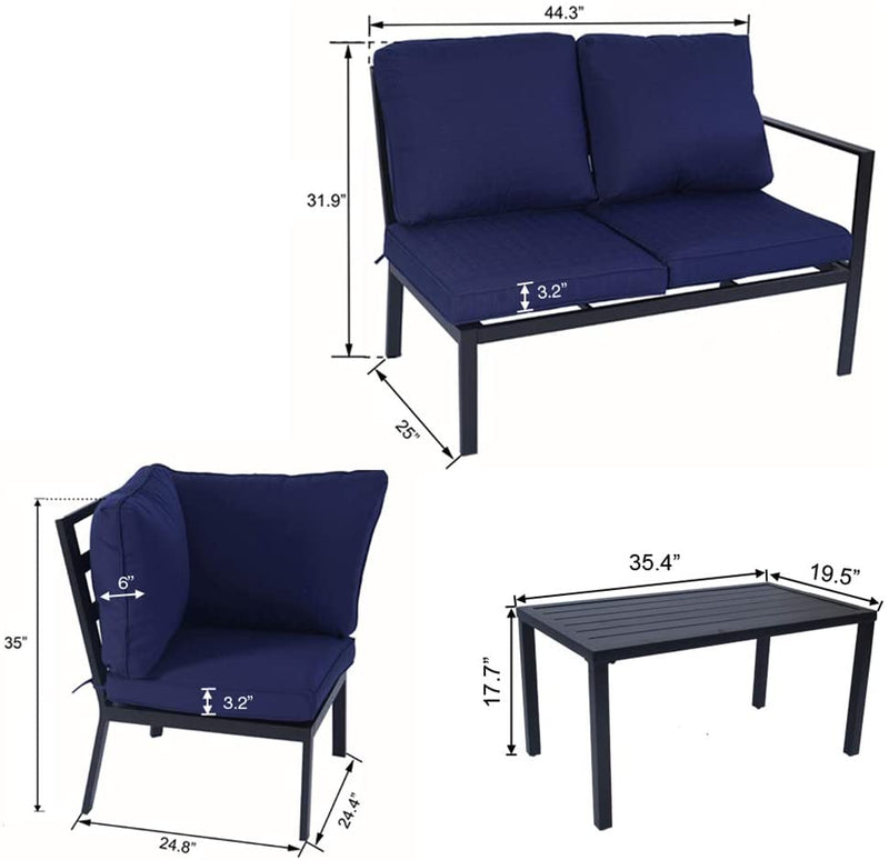 This image showcases an outdoor sofa set with navy blue cushions, including a two-seater sofa, a single-seater chair, and a black coffee table. Dimensions are provided for each piece, indicating the size details of the furniture, which helps in understanding the spatial requirements for placement.
Outdoor Sofa Set with Dimensions – Navy Blue Cushions.
outdoor sofa set, navy blue cushions, patio furniture, two-seater sofa, single chair, coffee table dimensions