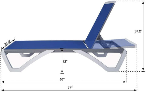A technical diagram of a modern outdoor lounge bed with key dimensions labeled. The lounge bed features a blue fabric surface and a light - gray frame. Dimensions such as 22.8", 12", 66", 77", and 37.2" are marked, indicating various parts of the structure.Outdoor Lounge Bed: Dimension Diagram. outdoor lounge bed, lounge bed dimensions, adjustable backrest, modern design.