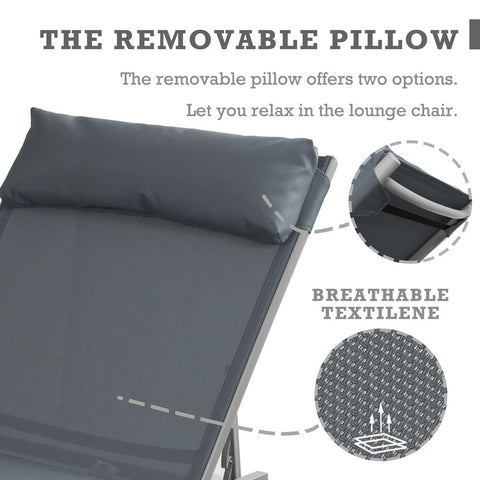Title: Grey Lounge Chair with Removable Pillow and Breathable Textilene
Alt Text: Grey lounge chair with a removable pillow and breathable textilene fabric, featuring text "THE REMOVABLE PILLOW" and "BREATHABLE TEXTILENE."
Keywords: removable pillow lounge chair, breathable textilene, grey outdoor furniture, patio seating, modern design, poolside comfort, relaxation
