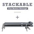 Title: Stackable Grey Lounge Chairs for Easy Storage
Alt Text: Two grey lounge chairs stacked for storage, with cushioned headrests, and text "STACKABLE For Better Storage" above.
Keywords: stackable lounge chairs, grey outdoor furniture, easy storage, cushioned headrests, patio seating, modern design, space-saving
