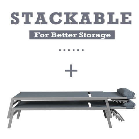 Title: Stackable Grey Lounge Chairs for Easy Storage
Alt Text: Two grey lounge chairs stacked for storage, with cushioned headrests, and text "STACKABLE For Better Storage" above.
Keywords: stackable lounge chairs, grey outdoor furniture, easy storage, cushioned headrests, patio seating, modern design, space-saving