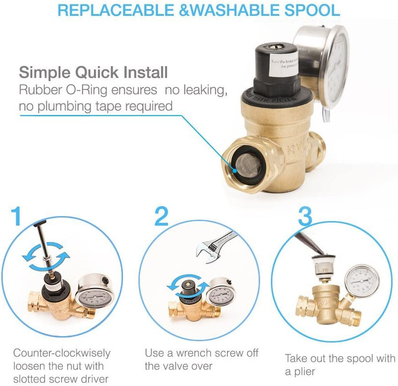 RVQUA Water Pressure Regulator - Replaceable & Washable Spool Guide
An RVQUA water pressure regulator showing a replaceable and washable spool. Includes simple quick - install tips and steps to remove the spool. Keywords: water pressure regulator, replaceable spool, installation guide
