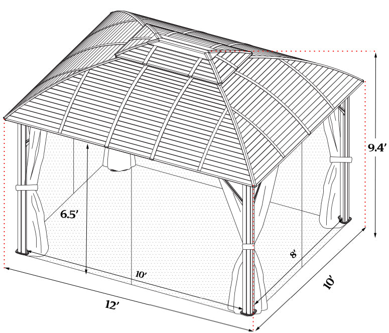 Kozyard Odyssey 10'x12' Hardtop Aluminum Permanent Gazebo with a Mosquito Net Sidewall and Privacy Wall (Odyssey 10'x12')