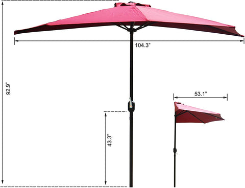 Technical drawing of a red-colored outdoor half-side sunshade umbrella. The drawing shows the umbrella in both fully-open and tilted positions, with key dimensions marked, such as 104.3", 92.9", 43.3", and 53.1", indicating the width, height, and other measurements of the umbrella structure.
Red Outdoor Half-Side Sunshade Umbrella: Dimension Diagram.
red outdoor half-side sunshade umbrella, umbrella dimensions, canopy width, pole height, tilted position

