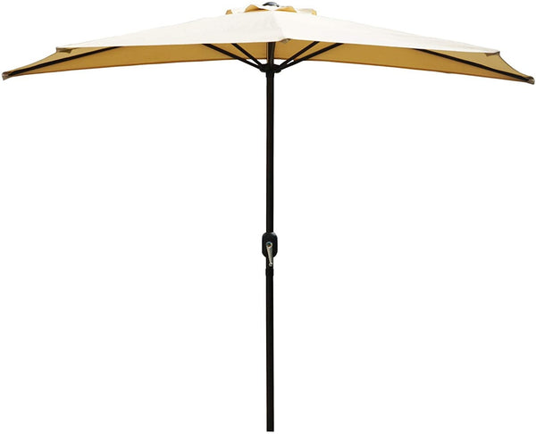 A beige - colored outdoor full - sized umbrella with a black pole. The umbrella is fully open, showcasing its wide canopy and the mechanism on the pole for operation. Elegant Outdoor Beige - Colored Sunshade Umbrella. outdoor sunshade umbrella, beige - colored canopy, black pole, patio umbrella