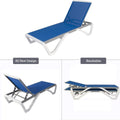 An infographic showcasing a modern outdoor blue lounge bed with a sleek design. The top image shows the lounge bed next to a small table with drinks and snacks. The lower - left image highlights the adjustable backrest with the label "All New Design," and the lower - right image demonstrates the stackable feature of the lounge bed. Modern Outdoor Lounge Bed: New Design and Stackable Feature. outdoor lounge bed, new design, stackable, adjustable backrest, outdoor relaxation. 