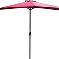 A red-colored outdoor full-sized umbrella with a black pole. The umbrella is fully open, showcasing its wide canopy and the mechanism on the pole for operation.
Elegant Outdoor Red-Colored Sunshade Umbrella.
outdoor sunshade umbrella, red-colored canopy, black pole, patio umbrella