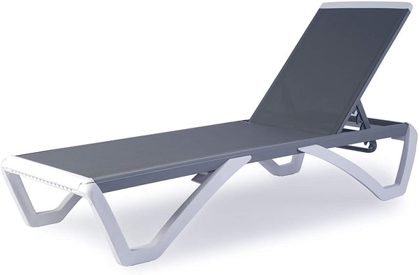 A modern outdoor lounge bed with a sleek design. It features a gray fabric surface, a light - gray metal frame and white plastic legs, with adjustable backrest for comfortable relaxation in outdoor settings like poolsides, beaches, or patios. Sleek Modern Outdoor Lounge Bed. outdoor lounge bed, modern design, adjustable backrest, gray fabric, metal frame.