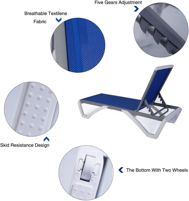 Kozyard Alan Full Flat Alumium and Polypropylene Resin Legs Patio Reclining Adustable Chaise Lounge with Sunbathing Textilence, 5 Adjustable Position