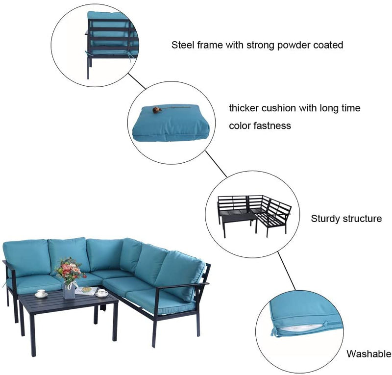 An outdoor sectional sofa set with blue cushions paired with a black coffee table. Insets highlight key features: a steel frame with strong powder coating, thicker cushions with long-lasting color fastness, a sturdy structure, and washable cushion covers. A vase with flowers, cups, and saucers adorn the table, suggesting a cozy outdoor lounging experience.
Durable and Comfortable Outdoor Sofa Set with Key Features.
outdoor sofa set, steel-framed furniture, thick blue cushions, color-fast cushions, washable
