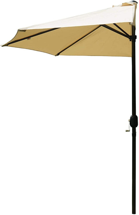 A beige - colored outdoor half - side sunshade umbrella with a black pole. The umbrella is tilted, showcasing its canopy and the adjustment mechanism on the pole. Outdoor Beige Half - Side Sunshade Umbrella. outdoor half - side sunshade umbrella, beige canopy, black pole, sun protection.