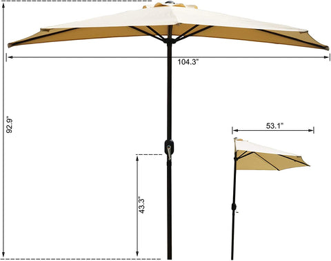 Technical drawing of a beige - colored outdoor half - side sunshade umbrella. The drawing shows the umbrella in both fully - open and tilted positions, with key dimensions marked, such as 104.3", 92.9", 43.3", and 53.1", indicating the width, height, and other measurements of the umbrella structure.Beige Outdoor Half - Side Sunshade Umbrella: Dimension Diagram. beige outdoor half - side sunshade umbrella, umbrella dimensions, canopy width, pole height, tilted position