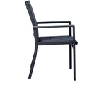 Title: Grey Outdoor Dining Chair Side View
Alt Text: Side view of a grey outdoor dining chair with fabric seat and backrest, isolated on a white background.
Keywords: grey outdoor dining chair, side view, fabric seating, modern design, patio furniture, garden seating, durable frame