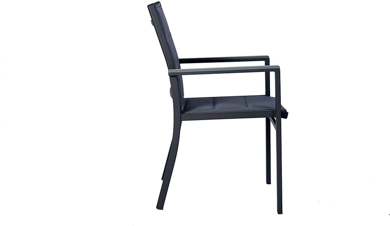 Title: Grey Outdoor Dining Chair Side View
Alt Text: Side view of a grey outdoor dining chair with fabric seat and backrest, isolated on a white background.
Keywords: grey outdoor dining chair, side view, fabric seating, modern design, patio furniture, garden seating, durable frame