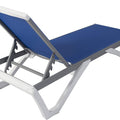 A modern outdoor lounge bed with a blue teslin - like surface and a sleek white frame. The backrest of the lounge bed is adjustable, allowing for different reclining positions. Adjustable Outdoor Lounge Bed with Sleek Design. outdoor lounge bed, adjustable backrest, blue teslin, white frame.