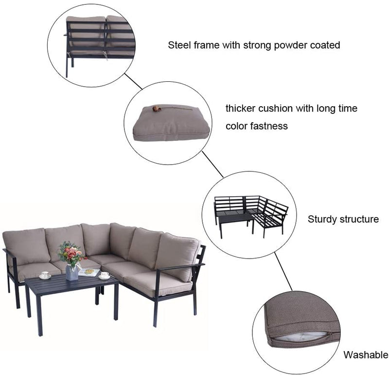 An outdoor sectional sofa set with beige cushions paired with a black coffee table. Insets highlight key features: a steel frame with strong powder coating, thicker cushions with long - lasting color fastness, a sturdy structure, and washable cushion covers. A vase with flowers, cups, and saucers adorn the table, suggesting a cozy outdoor lounging experience. Durable and Comfortable Outdoor Sofa Set with Key Features. outdoor sofa set, steel-framed furniture, thick cushions, color - fast cushions, washable