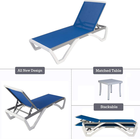 An infographic presenting a modern outdoor lounge bed. The top image shows the lounge bed alongside a matching side table with drinks and magazines on it. The lower - left image highlights the bed's new design with an adjustable backrest. The lower - middle image features the matched side table, and the lower - right image demonstrates the stackable feature of the lounge bed. Modern Outdoor Lounge Bed: New Design, Matched Table & Stackable. outdoor lounge bed, new design, matched side table, stackable.