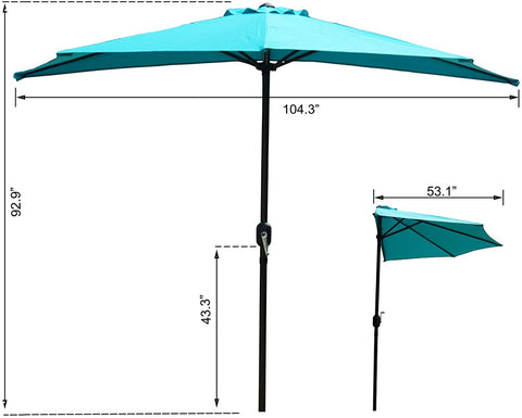 Technical drawing of a blue-colored outdoor half-side sunshade umbrella. The drawing shows the umbrella in both fully-open and tilted positions, with key dimensions marked, such as 104.3", 92.9", 43.3", and 53.1", indicating the width, height, and other measurements of the umbrella structure.
Blue Outdoor Half-Side Sunshade Umbrella: Dimension Diagram.
blue outdoor half-side sunshade umbrella, umbrella dimensions, canopy width, pole height, tilted position

