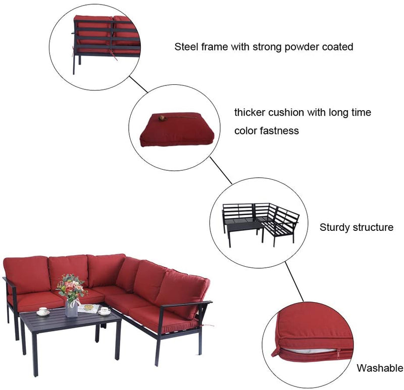 An outdoor sectional sofa set with red cushions paired with a black coffee table. Insets highlight key features: a steel frame with strong powder coating, thicker cushions with long-lasting color fastness, a sturdy structure, and washable cushion covers. A vase with flowers, cups, and saucers adorn the table, suggesting a cozy outdoor lounging experience.
Durable and Comfortable Outdoor Sofa Set with Key Features.
outdoor sofa set, steel-framed furniture, thick red cushions, color-fast cushions, washable

