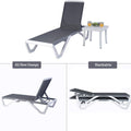 An infographic showcasing a modern outdoor gray lounge bed with a sleek design. The top image shows the lounge bed next to a small table with drinks and snacks. The lower - left image highlights the adjustable backrest with the label "All New Design," and the lower - right image demonstrates the stackable feature of the lounge bed. Modern Outdoor Lounge Bed: New Design and Stackable Feature. outdoor lounge bed, new design, stackable, adjustable backrest, outdoor relaxation. 