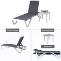 An infographic presenting a modern outdoor lounge bed. The top image shows the lounge bed alongside a matching side table with drinks and magazines on it. The lower - left image highlights the bed's new design with an adjustable backrest. The lower - middle image features the matched side table, and the lower - right image demonstrates the stackable feature of the lounge bed. Modern Outdoor Lounge Bed: New Design, Matched Table & Stackable. outdoor lounge bed, new design, matched side table, stackable.