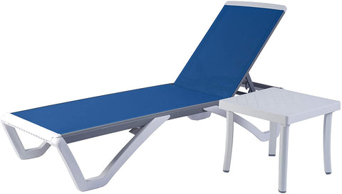 A modern outdoor lounge set featuring a sleek, adjustable lounge bed with a blue fabric surface and a matching white - framed side table. The lounge bed has a contemporary design with angular white legs, and the side table provides a convenient surface for placing items. Contemporary Outdoor Lounge Bed with Side Table. outdoor lounge bed, side table, adjustable backrest, blue fabric, modern design