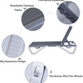 An infographic detailing the features of an outdoor lounge bed. It includes a breathable Textilene fabric, five - level adjustable backrest, slip - resistance design elements, and a bottom with two wheels for easy movement. Outdoor Lounge Bed: Functional Features for Relaxation. outdoor lounge bed, breathable Textilene, five - level adjustment, slip - resistance, wheels for mobility.