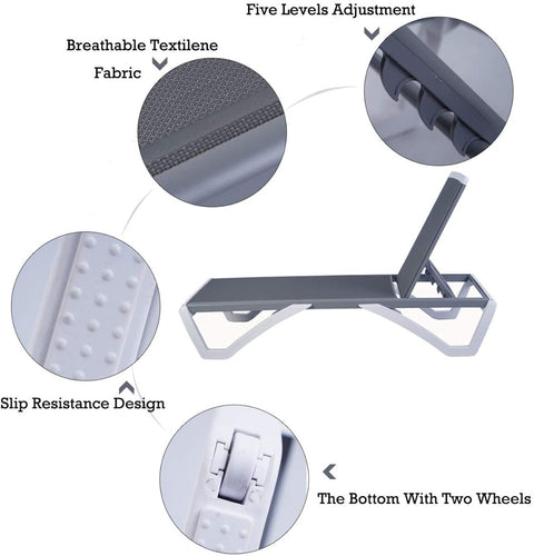 An infographic detailing the features of an outdoor lounge bed. It includes a breathable Textilene fabric, five - level adjustable backrest, slip - resistance design elements, and a bottom with two wheels for easy movement. Outdoor Lounge Bed: Functional Features for Relaxation. outdoor lounge bed, breathable Textilene, five - level adjustment, slip - resistance, wheels for mobility.
