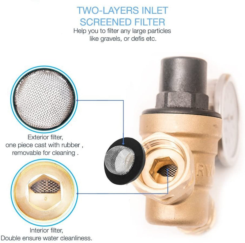 RVQUA Water Pressure Regulator - Two - Layers Inlet Screened Filter
An RVQUA water pressure regulator with a two - layers inlet screened filter. Describes the functions of exterior and interior filters for water cleaning. Keywords: water pressure regulator, two - layer filter, inlet filter
