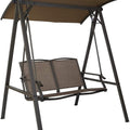 A two - person outdoor swing chair with a sturdy metal frame and a tan canopy for sun protection. The seat is made of breathable Textilene fabric, providing a comfortable and stylish seating option for outdoor relaxation. Two - Person Outdoor Swing Chair with Canopy. two - person swing chair, outdoor swing, metal frame, tan canopy, Textilene fabric.