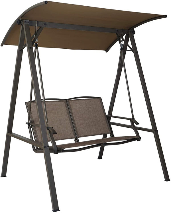 A two - person outdoor swing chair with a sturdy metal frame and a tan canopy for sun protection. The seat is made of breathable Textilene fabric, providing a comfortable and stylish seating option for outdoor relaxation. Two - Person Outdoor Swing Chair with Canopy. two - person swing chair, outdoor swing, metal frame, tan canopy, Textilene fabric.