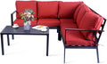 A set of outdoor sectional sofas with vibrant red cushions paired with a black slatted coffee table. The table is adorned with a vase of flowers, cups, and a magazine, creating an inviting outdoor lounging atmosphere. Stylish Red - Cushioned Outdoor Sofa Set with Coffee Table. outdoor sofa set, red cushions, black coffee table, outdoor lounging furniture, patio seating.