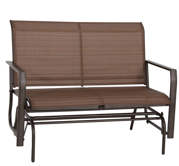 A glider bench with a durable Textilene fabric seat and backrest. The bench features a sturdy metal frame, providing a comfortable and weather - resistant seating option for outdoor use.Textilene - Fabric Glider Bench for Outdoor Seating. Textilene fabric glider bench, outdoor seating, metal frame, weather - resistant bench.
