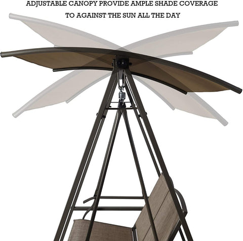 A two - person outdoor swing chair features an adjustable canopy that offers extensive sun protection throughout the day. The sturdy metal frame supports the canopy, which can be positioned to shield users from the sun's rays, enhancing comfort during outdoor relaxation. Two - Person Swing Chair with Adjustable Sun - Shielding Canopy. two - person swing chair, adjustable canopy, sun protection, outdoor relaxation, metal frame.
