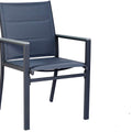 Title: Grey Outdoor Dining Chair Front View
Alt Text: Front view of a grey outdoor dining chair with fabric seat and backrest, isolated on a white background.
Keywords: grey outdoor dining chair, front view, fabric seating, modern design, patio furniture, garden seating, durable frame