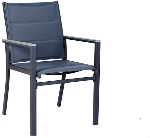 Title: Grey Outdoor Dining Chair Front View
Alt Text: Front view of a grey outdoor dining chair with fabric seat and backrest, isolated on a white background.
Keywords: grey outdoor dining chair, front view, fabric seating, modern design, patio furniture, garden seating, durable frame