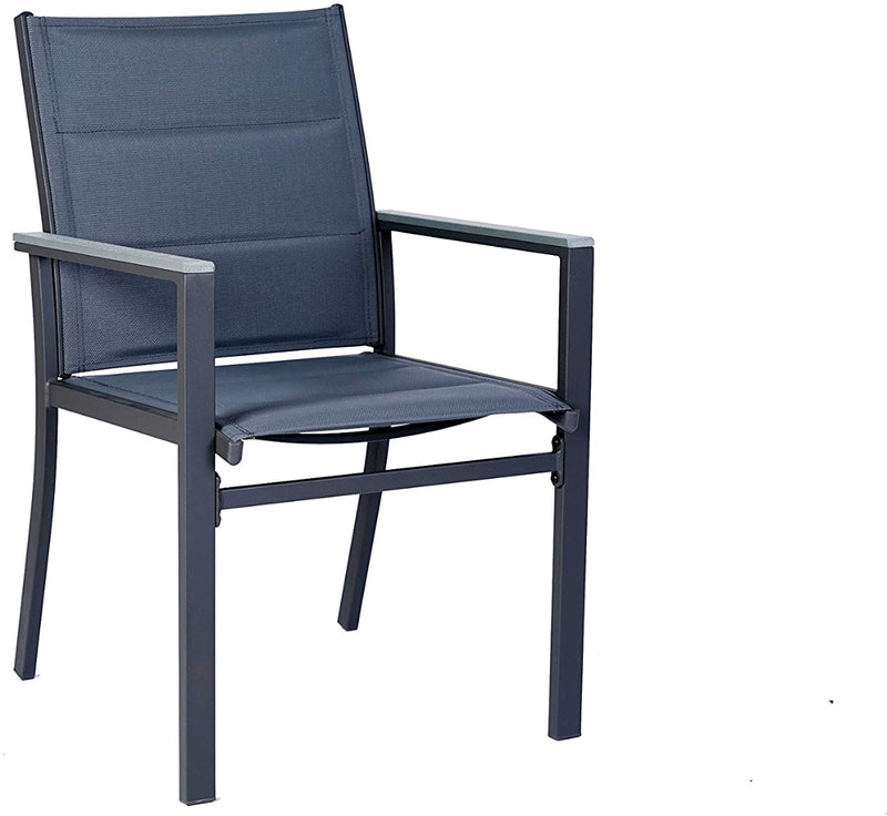 Title: Grey Outdoor Dining Chair Front View
Alt Text: Front view of a grey outdoor dining chair with fabric seat and backrest, isolated on a white background.
Keywords: grey outdoor dining chair, front view, fabric seating, modern design, patio furniture, garden seating, durable frame