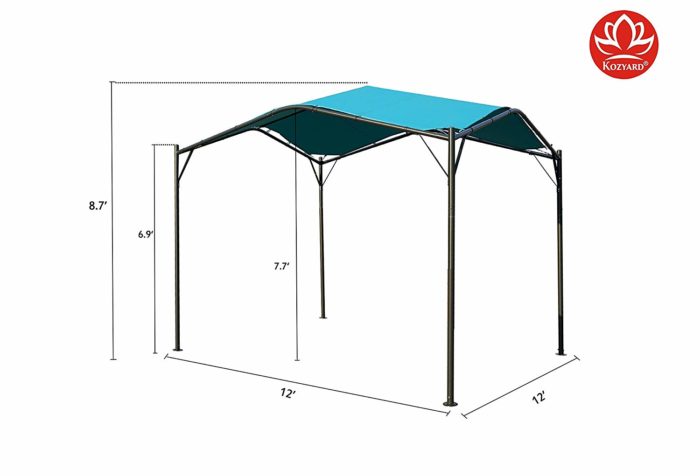 A KOZYARD Sun Shade Gazebo with a blue canopy. It has a sturdy metal frame with dimensions: 12 feet in length and width, 8.7 feet in the highest point, 6.9 feet at the eave height, and 7.7 feet between the poles. Ideal for outdoor shading. KOZYARD sun shade gazebo, blue canopy, metal frame, outdoor shading, gazebo dimensions.